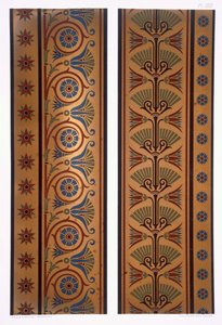 गोल्ड ग्राउंड पर गहरे रंगों में वर्टिकल बैंड्स या बॉर्डर, &39;द प्रैक्टिकल डेकोरेटर एंड ऑर्नामेंटलिस्ट&39; से प्लेट XXX, 1892 में प्रकाशित द्वारा जॉर्ज एशडाउन औडस्ले